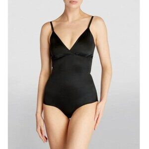 Skims Simply Bare Bodysuit Brief with Snaps Onyx Black Shine Satin M